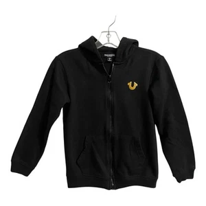 True Religion Full Zip Up Hoodie Jacket Black Gold Youth Small Hooded Sweatshirt - Picture 1 of 9