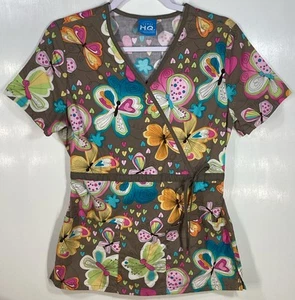 Scrub Top womens size S small Spring Butterflies Hearts brown teal pink orange - Picture 1 of 4