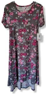 Lularoe Flowers Small Carly Dress S Blue & Pink Floral on Gray CUTE New - Picture 1 of 6
