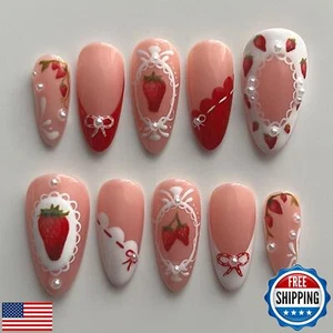Summer Cute French Tip Press on Nails Medium Almond False Nails with Strawber - Bild 1 von 5