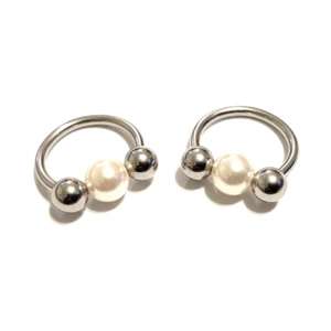 PAIR Handcrafted Surgical Steel 14g 1/2" White PEARL 3 BALLS NIPPLE Horseshoes. - Picture 1 of 2