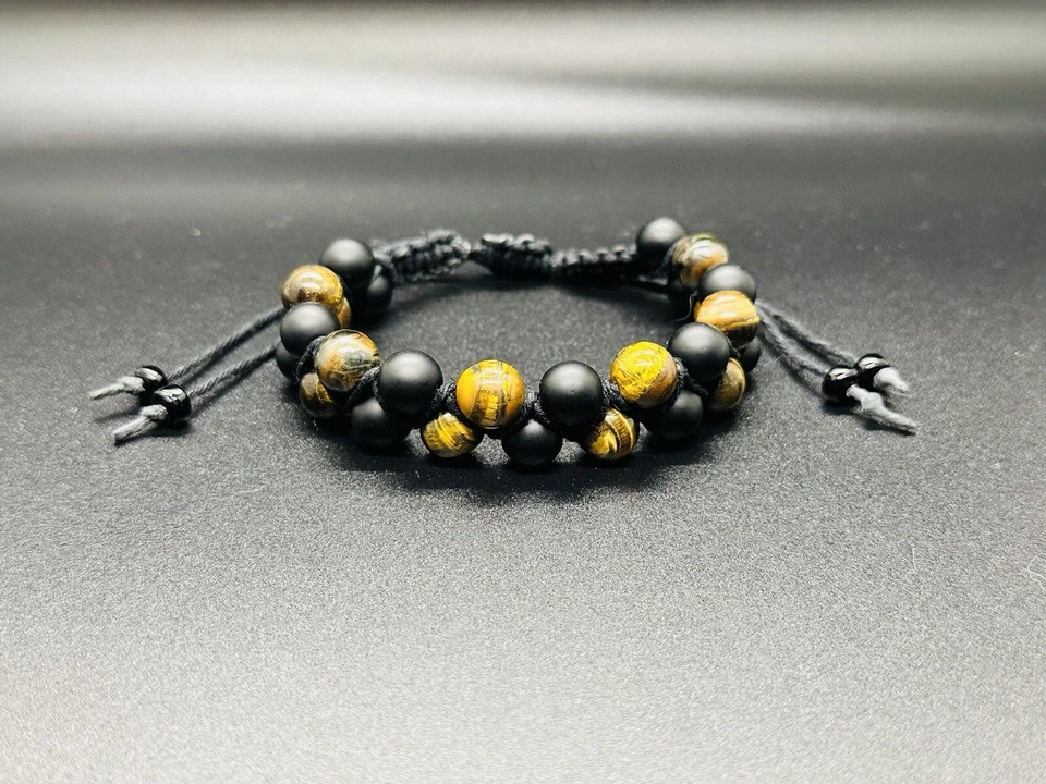 黄色老虎眼和哑光黑色玛瑙双层脉轮手链 HEMP 手工制作 — 第 1/1 张图片