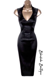 Karen Millen Size UK 10 STUNNING BLACK LEATHER LOOK PENCIL WIGGLE DRESS - Picture 1 of 6