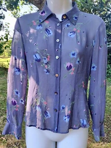 Vintage Ladies Racing Green Navy Floral Silk Shirt Top Size 8 Stunning - Picture 1 of 3