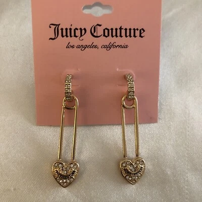Juicy Couture Gold Tone Huggie Hoop Drop Earrings Heart Safety Pin Charm NWT - Image 1 of 4