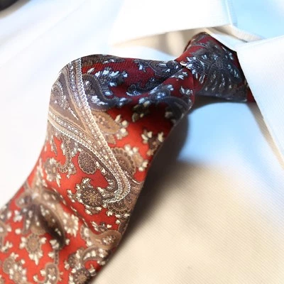 CHRISTIAN DIOR Red Brown Mocha Gray White Paisley Silk Necktie TIE 57"L x 3.5"W - Image 1 of 4
