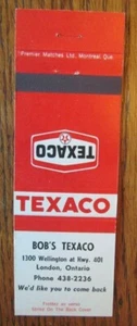 TEXACO GAS STATION MATCHBOOK: BOB'S (LONDON, ONTARIO) (EARLY 1970s) -F24 - Picture 1 of 2