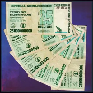 5 x 25 Billion Dollars Zimbabwe 2008 Special Agro Cheque 100 % Authentic + COA - Picture 1 of 3