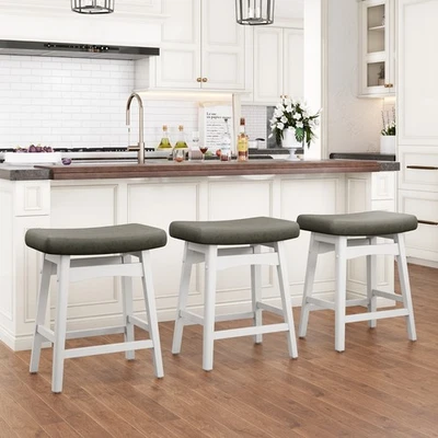 24" Bar Stools Set of 4/3/2/1 Counter Height Saddle Stools White Solid Wood Legs - Image 1 of 4