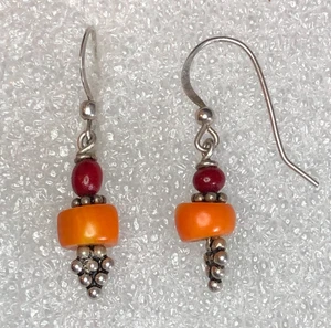 Vintage Sterling Silver Orange Spiny Oyster Shell Coral Earrings 925 1.5" 7542 - Picture 1 of 6