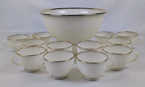 Vintage Anchor Hocking Ivory Sandwich Glass Punch Bowl Set with 22 Kt Gold Rim - Picture 1 of 20