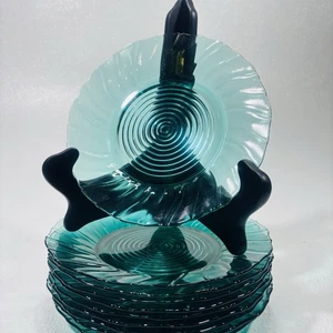 Jeannette Glass Jennyware Swirl Aqua Green Blue 7-1/4" Side Plates Set of 10 - Picture 1 of 13