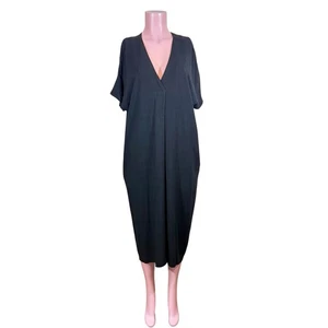 P Cill Linen Cotton Blend V Neck Midi Lagenlook Dress Black Pockets Sz S Beachy - Picture 1 of 13