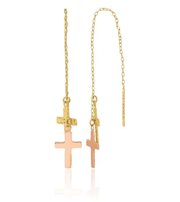 14K Solid Yellow Gold Rose Crosses Threader Dangle Earrings - Image 1 of 4