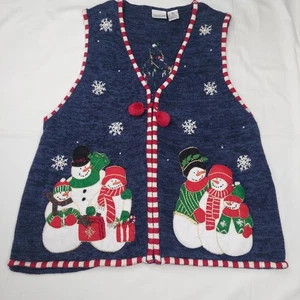 Women's XL Snowman Family Christmas Sweater Vest Zip-Up Cardigan Holiday Snow - Picture 1 of 10