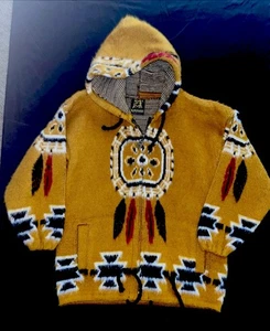 Ruminahui Aztec Unisex Kids Tan Full Zip Hooded Wool Cardigan Jacket L 12/14 - Picture 1 of 11