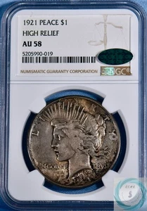 1921 Peace Dollar NGC AU 58 High Relief w/CAC - Vintage Slider Xlnt Surfaces! - Picture 1 of 14
