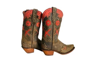 Botas occidentales Dan Post Wild Bird Bay marrón sucio rojo con tachuelas talla 6 NUEVAS - Imagen 1 de 11