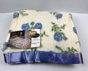 Vtg Cannon Blanket Remembrance Rose Blue Floral 72x90 USA Twin Full Satin Edge - Picture 1 of 12