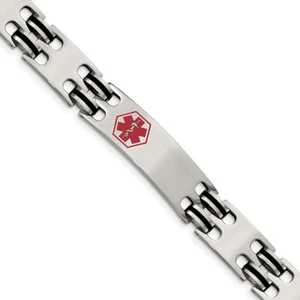 Stainless Steel Polished Red Enamel and Black Rubber Medical ID Bracelet 8.25" - Picture 1 of 7