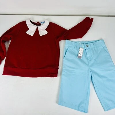 Jacadi Niñas Talla 8 NUEVO 2 Pantalones Cortos Largos y Sudadera con Cuello Azul Rojo Paquete Foto 1 de 4