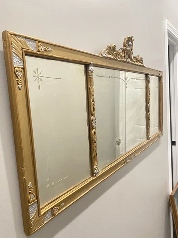 Beautiful ANTIQUE 3 Panel Mantle Buffet Etched WALL MIRROR Old Wood Gesso Ornate Cover
