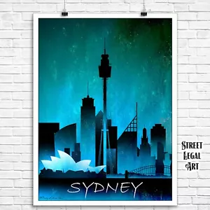 Sydney Australia City Watercolor Skyline at Night Print, Travel Decor - Picture 1 of 3