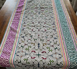 Shipibo hand embroidered Peruvian table runner altar tapestry fabric boho 64" - Picture 1 of 23