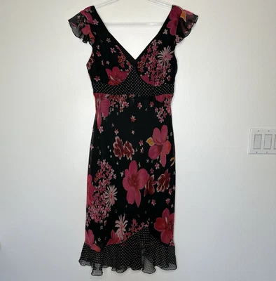 Vestido Y2K De Colección New York & Co Manga Acampanada Para Mujer 10 Negro Floral Cachicho Foto 1 de 4