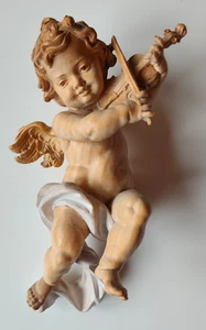 Barock ENGEL Holz geschnitzt Geige + Tuch ca. 22 cm mehrfarbig gebeizt Wand Deko - Bild 1 von 11