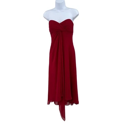 David's Bridal Red Chiffon Party/Cocktail Bridesmaid Red Dress Lined Strapless - Image 1 of 4
