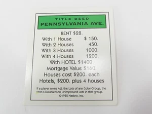 Reemplazo de tarjeta de título de propiedad clásica Monopoly 1999 Pennsylvania Ave - Imagen 1 de 2
