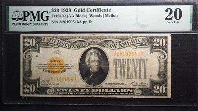 $20 1928 Gold Certificate Fr. 2402 (AA Block) PMG VF 20 - FREE SHIP! #0306 - Image 1 of 2