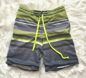 Op Men's Board Shorts Swim Trunks Neon Volt Grey White Stripe Medium Sz 32-34 - Picture 1 of 3