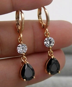 New 18K Yellow Gold Filled Black Teardrop & Clear Round CZ Hoop Dangle Earrings - Picture 1 of 2