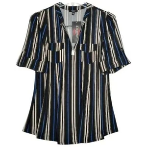 Cocomo Plus Size 2X Black Blue Beige Striped Print Pintuck Short Sleeve Top - Picture 1 of 7