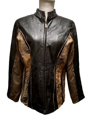 Koos Of Course! Black Leather Tweed Animal Print Fabric Inserts Zip Up Jacket M - Image 1 of 4