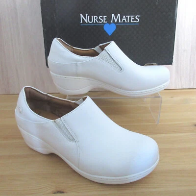 Nurse Mates Kate Mujer Talla 8.5 W AMPLIO Cuero Blanco Mocasines Zuecos Zapatos de Enfermería Foto 1 de 4