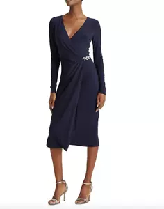 Lauren Ralph Lauren Women Navy Matte Jersey Surplice Dress Size 12 NWT 165$ - Picture 1 of 8
