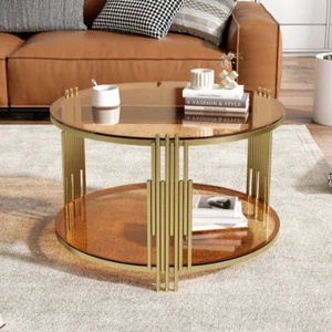 Modern Coffee Table - Brown Glass Top, Gold Drum Base & Asymmetrical Metal Frame - Picture 1 of 20