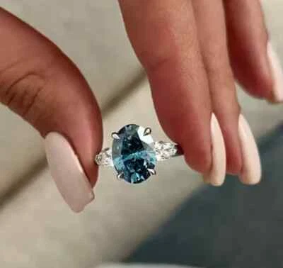 Anillo de diamantes cultivados en laboratorio azul vivo corte ovalado de 3,00 quilates certificado IGI de oro blanco de 14 k Foto 1 de 4