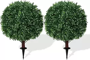 Artificial Boxwood Topiary Ball Trees with Ground Spike, 2 Pack 16 Inches UV Res - Picture 1 of 8