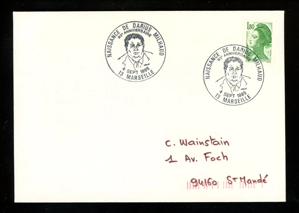 Postal History France #1894 Milhaud Music Judaica Pictorial 1985 Marseille - Image 1 of 2