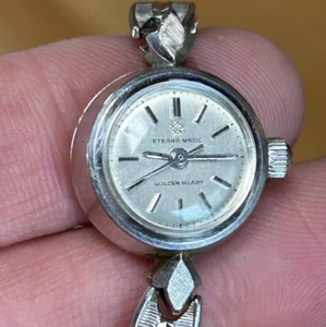Vintage Ladies Eterna-Matic Golden Heart 14k White Gold Watch Running - Picture 1 of 8