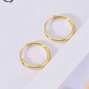 2x 9CT GOLD 10mm CHILDREN'S HINGED SLEEPER HOOP EARRINGS For CHILD'S Men Women- - Picture 1 of 3