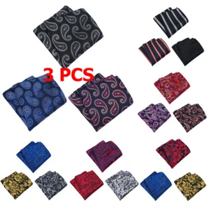 3 PCS Men Paisley Flower Leaf Stripe Jacquard Handkerchief Wedding Pocket Square - Picture 1 of 7