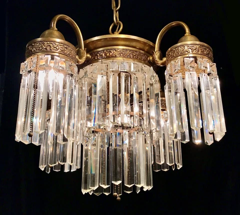 Fine Antique 1914 Brass Chandelier Wedding Cake Crystal Prism Vtg Light Fixture Cover