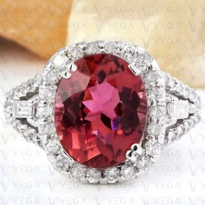 7.49ct Oval Pink Natural Tourmaline Gemstones Diamond Ring Real 14K White Gold - Picture 1 of 13