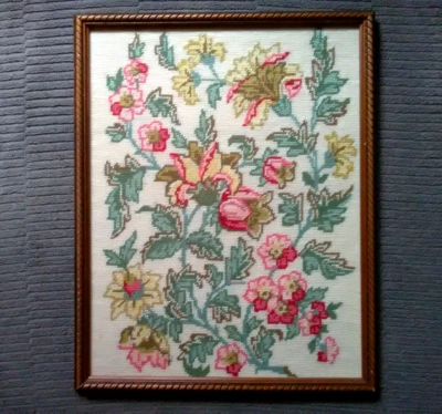 Antique Needlepoint Picture - Wild Flowers - Wool Tapestry  Green Product  - Image 1 of 4