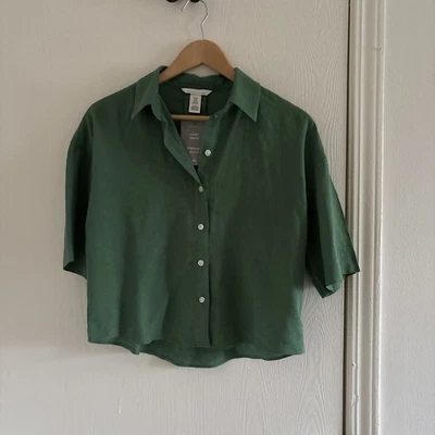 NWT H&M Women’s Linen Blend Button Front Top Size XS Green Short Sleeve Blouse - Image 1 of 4